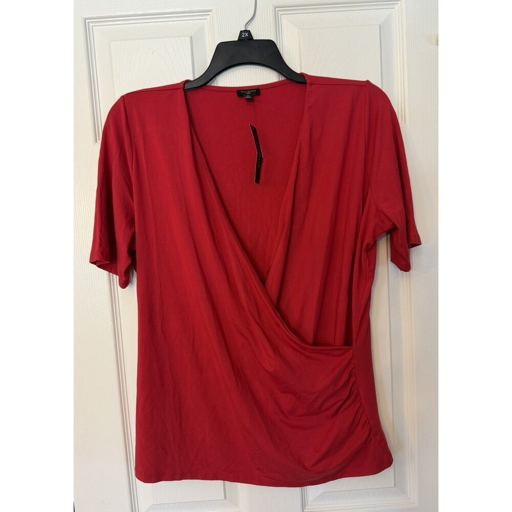 NEW Talbots Women’s Plus Red Wrap Short Sleeve Stretch Blouse Shirt Top 1X XL